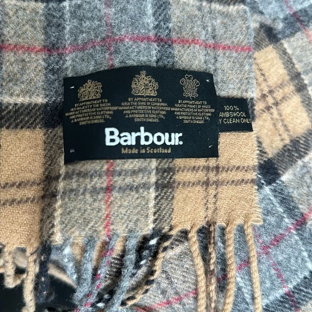 Barbour 100% Lambs Wool Scottland plaid tan unisex scarf fringe clean no smoking - Picture 2 of 5